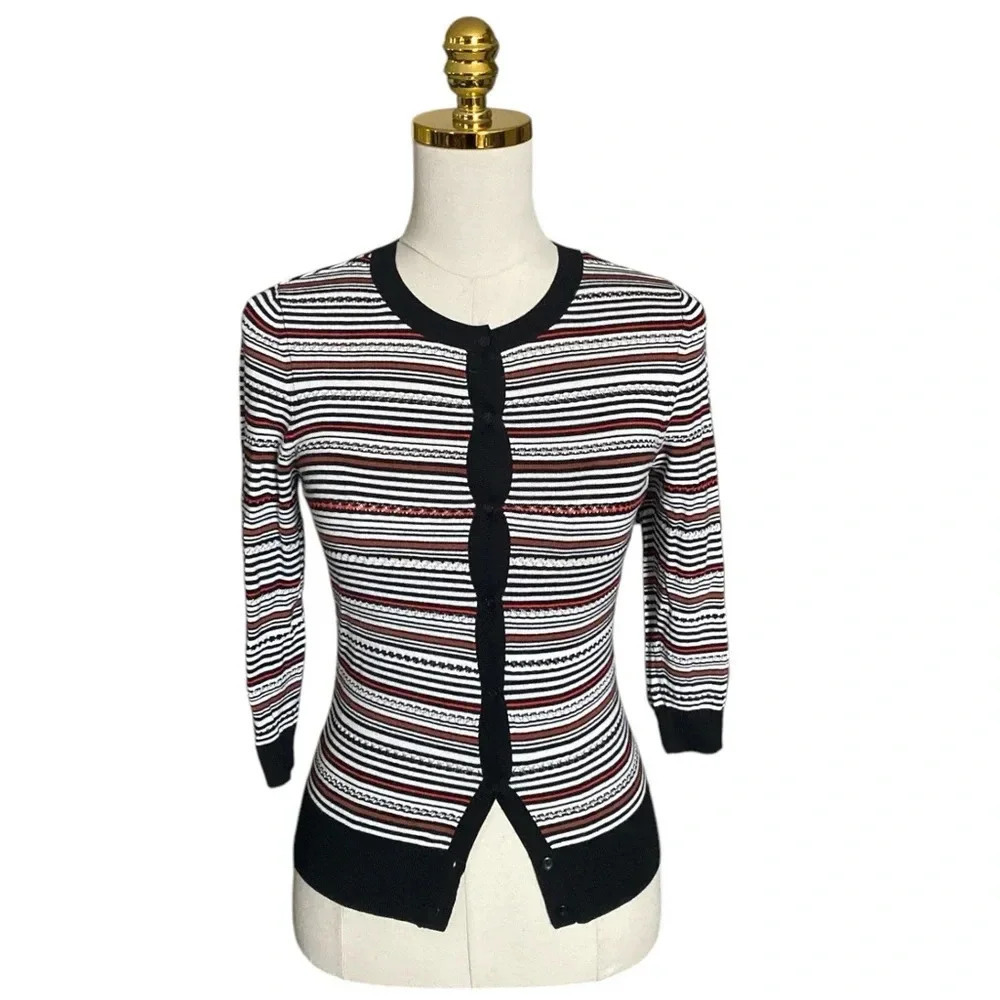 HALOGEN | Women’s Striped Button Front Knit Fitted Cardigan Size XSP
